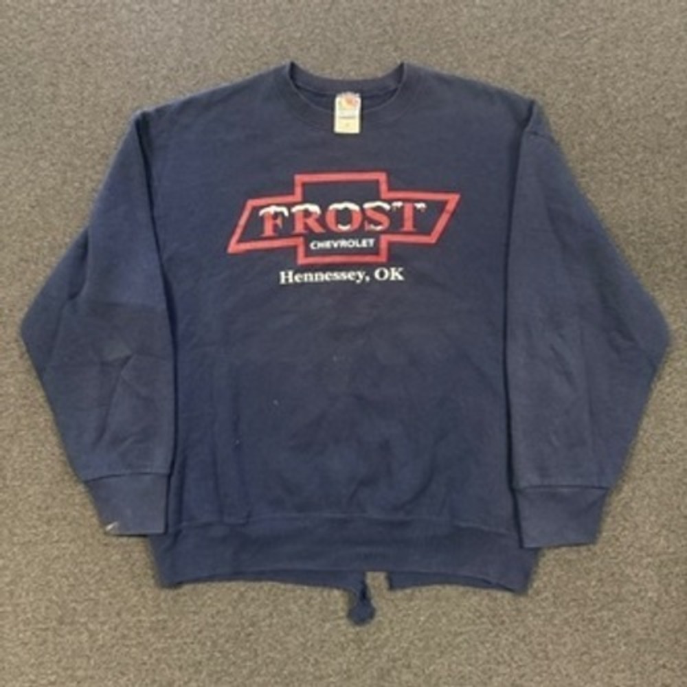 90s Fruit of the Loom Sweatshirt Mens XL Navy Good Frost Chevrolet Hennessey OK
